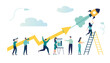 vector illustration a group of people characters are thinking over an idea. prepare a business project start up. rise of the career to success, flat color icons, business analysis