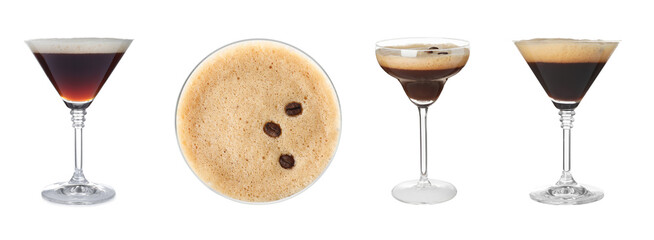 Wall Mural - Set with tasty Espresso Martini cocktails on white background, banner design