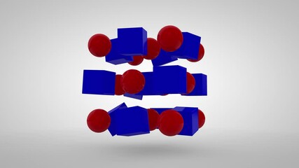 Poster - 3D animation of spheres and cubes arranged in the shape of a cube. Spheres and cubes change shape and color. Mutual movement and shaking. 4K abstract animation.