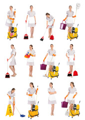 Sticker - Collage with photos of chambermaid on white background