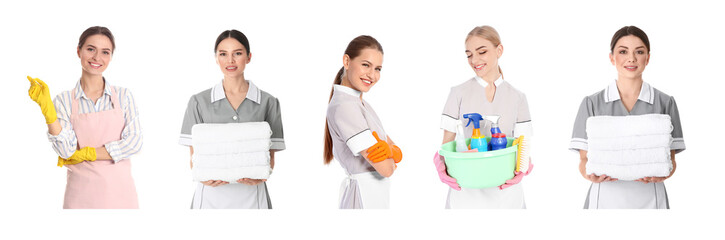 Sticker - Collage with photos of chambermaids on white background. Banner design