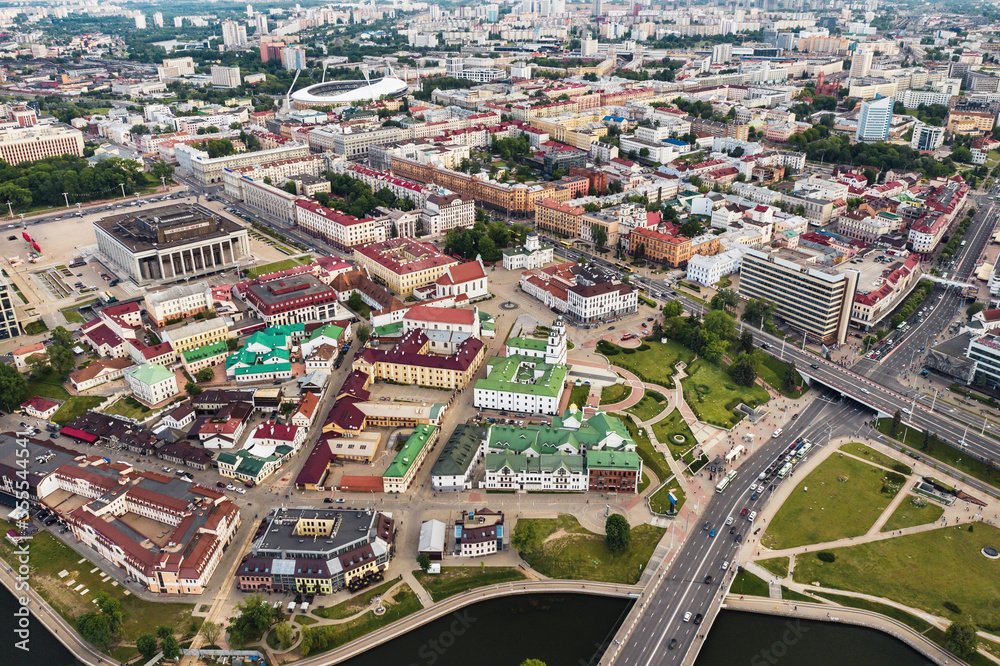 Panoramic view of the historical center of Minsk.Old town in the center of Minsk.Belarus - obrazy, fototapety, plakaty 