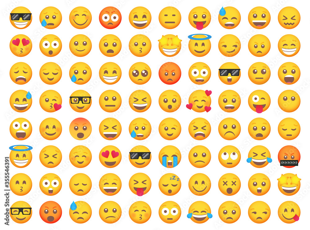 Big set of emoticon smile icons. Cartoon emoji set. Vector emoticon set ...