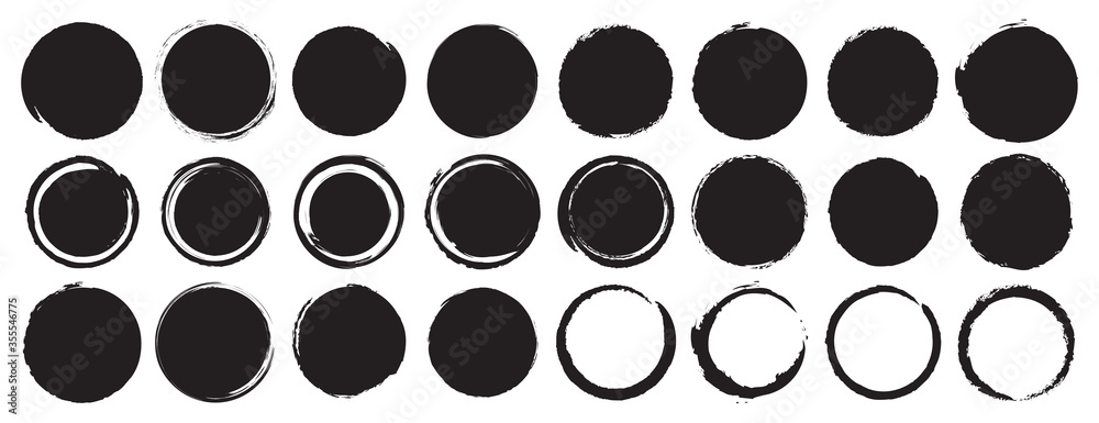 Set of black grunge circles shapes on a white background. Paint brush stamp collection - obrazy, fototapety, plakaty 