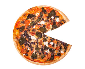 Tasty cut pizza without one slice isolated on white background with clipping path. Pizza with mozzarella, feta, cherry tomatoes, spinach, mushrooms and kalamata olive, top view