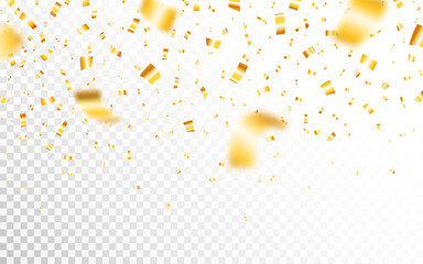 Wall Mural - Gold confetti isolated on transparent backdrop. Defocused falling golden confetti. Bright festive tinsel and yellow serpentine. Luxury anniversary decoration. Vector illustration