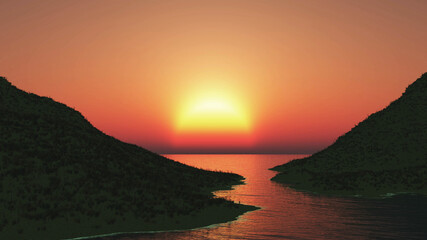 Wall Mural - 3d landscape with grassy hills against a sunset sky