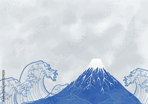 Fotografía 富士と海:年賀状 水彩 富士山 海 波 自然 浮世絵