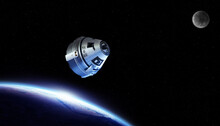 Spaceship / Spacecraft Flying Through The Outer Space On A Space Mission With Earth And Moon On The Backgrond. Elements Of This Image Furnished By NASA.