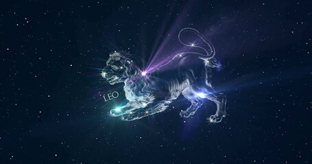 leo. zodiac symbol - the lion. astrological sign. horoscope. space flight through the constellation.