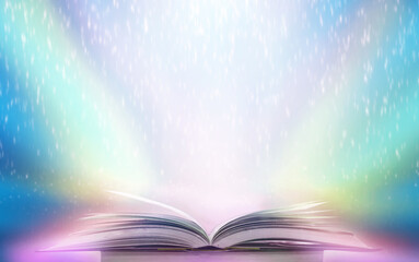 Poster - the concept of education by planting a tree of knowledge in the opening of an old book in the librar