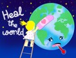Heal the world theme, a little kid with band-aid applied on the globe and the night sky background 