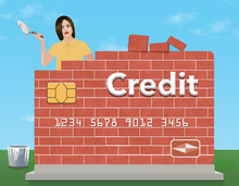 A Young Woman Holds A Trowel And Mortar As She Rebuilds A Brick Credit Card Outdoors. The Theme Is Rebuilding Or Repairing Your Credit Rating.