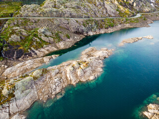 Sticker - Aerial view. Road and lakes in mountains Norway