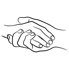 Wall Mural - Two holding or clasped human hands. Black and white linear silhouette. Cartoon style.