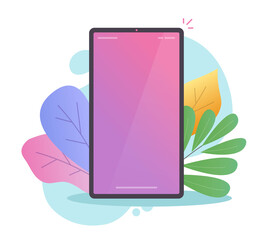 Poster - Mobile phone screen or smartphone with blank or empty display for copy space text and presentation vector flat cartoon illustration on modern colorful background, cellphone or cellular telephone