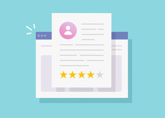 Aufkleber - Review rating text online on website or customer testimony feedback web page internet experience vector flat cartoon illustration, concept user rate stars on browser and web reputation message