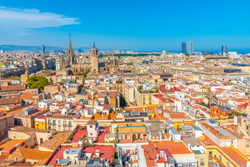 Wall Mural - Aerial view of the old town Barcelona with tower of the cathedral, Spain