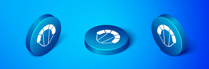 Wall Mural - Isometric Parachute icon isolated on blue background. Extreme sport. Sport equipment. Blue circle button. Vector Illustration.