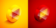 Isometric Online Play Video Icon Isolated On Orange And Red Background. Film Strip With Play Sign. Circle Button. Vector Illustration.