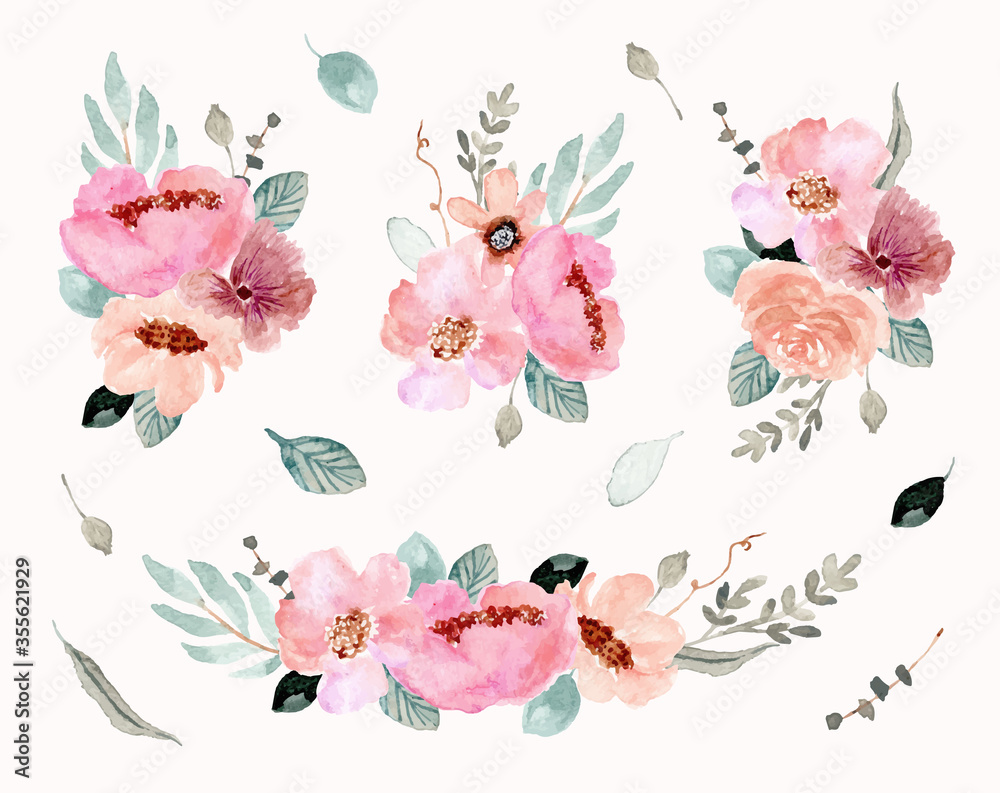 pink green flower arrangement watercolor collection - obrazy, fototapety, plakaty 