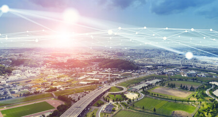 Poster - 社会とネットワーク　都市の空撮と通信イメージ