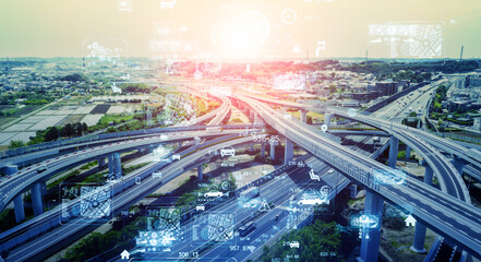 Aufkleber - 交通とテクノロジー　高速道路のジャンクション空撮とネットワークイメージ　ITS　MaaS