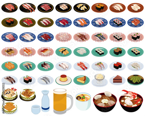 回り寿司のアイコン イラスト お寿司 サイドメニュー スイーツ アルコール Wall Mural Tomoki