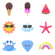 Kawaii summer icon face expressions, Collection of cute summer icon emotion in different expressions. Flat style vector illustration