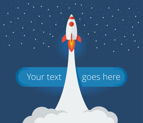 Poster - Rocket launch into space - cartoon spaceship with smoky track fly in night sky with stars - vector illustration 