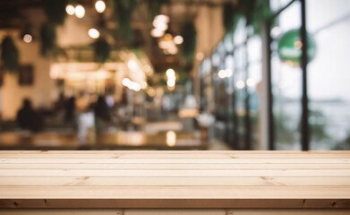 Empty wooden table top on abstract blur background