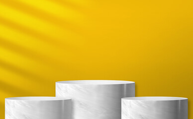 Leinwandbilder - Glossy marble cylinder stand product display two step with yellow color background with light from window for display of product design,Banner for advertise product,3d rendering