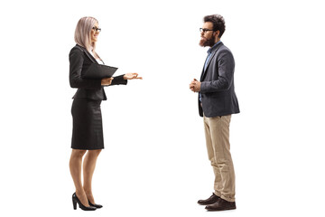 Canvas Print - Bearded man and a businesswoman talking