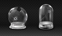 Broken Waterglobe, Cracked Empty,  Glass Bell Jar Realistic Vector Illustration.