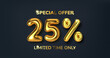 25 off discount promotion sale made of realistic 3d gold balloons. Number in the form of golden balloons. Template for products, advertizing, web banners, leaflets, certificates and postcards. Vector