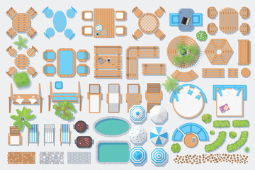 Wall Mural - Icons set. Outdoor furniture and patio items. (top view) Isolated Vector Illustration. Tables, benches, chairs, sunbeds, paths, pool, swings, umbrellas, plants. (view from above). Furniture store.