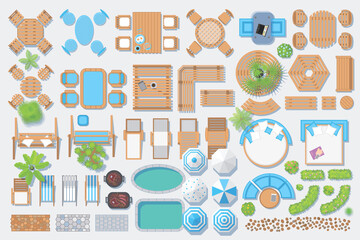 Canvas Print - Icons set. Outdoor furniture and patio items. (top view) Isolated Vector Illustration. Tables, benches, chairs, sunbeds, paths, pool, swings, umbrellas, plants. (view from above). Furniture store.