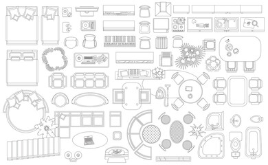 Set of linear icons. Interior top view. Isolated Vector Illustration. Furniture and elements for living room, bedroom, kitchen, bathroom. Floor plan (view from above). Furniture store.