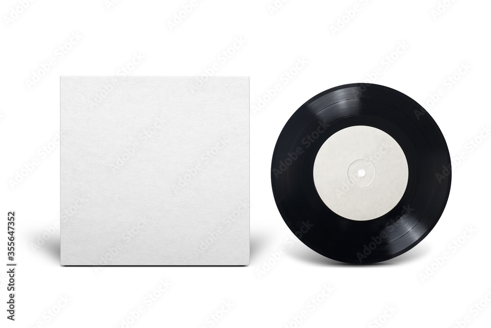 Clean cardboard cover with 7-inch vinyl single record. - obrazy, fototapety, plakaty 