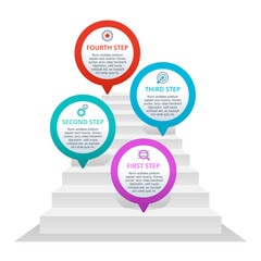Poster - 4 steps infographic - pins on stairs - vector presentation template - four points with sample text and icons inside (search, process, result, popularity)