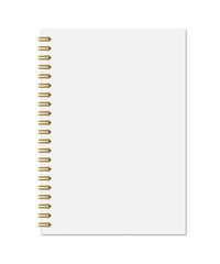 Realistic vector mockup of  notebook isolated on white, top view. White sheets of paper, fastened with a gold spiral. EPS 10.