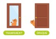 Opposites concept, OPAQUE and TRANSPARENT. Word card for language learning. CUte cat sits behind a glass door and behind a wooden door.  Flashcard with antonyms for children vector template. 