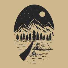 Wall Mural - adventure wild life. vintage design with mountains, camping tent, forest silhouettes. for poster, ba