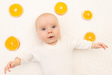 Portrait of a baby on a white background with oranges. Bedding for children. 8 months. A healthy child in body-pajamas. Citrus Allergy in children