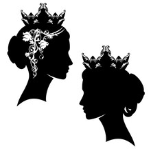 Elegant Queen And Princess Wearing Royal Crown Decorated With Rose Flowers - Beautiful Woman Profile Head Silhouette Set