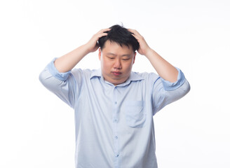 Wall Mural - Young Fat Asian business man feeling sad with unhappy face isolated on white background.