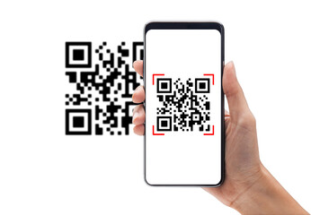 Hand using mobile smart phone scan Qr code. Barcode reader, Qr code payment, Cashless technology, Digital money concept.