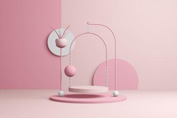Poster - 3D rendering abstract display product pastel coral background. Geometric scene, pedestal showcase with arch and copy space. Luxury light clean design template. Web store layout
