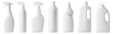 Set Of White Bottles Of Different Cleaning Procucts