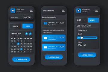 Aufkleber - Personal finance management neumorphic design kit. Budgeting app with financial monitoring of bank and credit card accounts. Online banking UI, UX template set. GUI for responsive mobile application